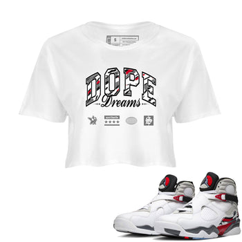Sneaker Threads – Sneaker Tees To Match Air Jordan 8 Bunny – Dope Dreams Crop Tee White 1. Perfect for Jordan releases 2025 colorways.