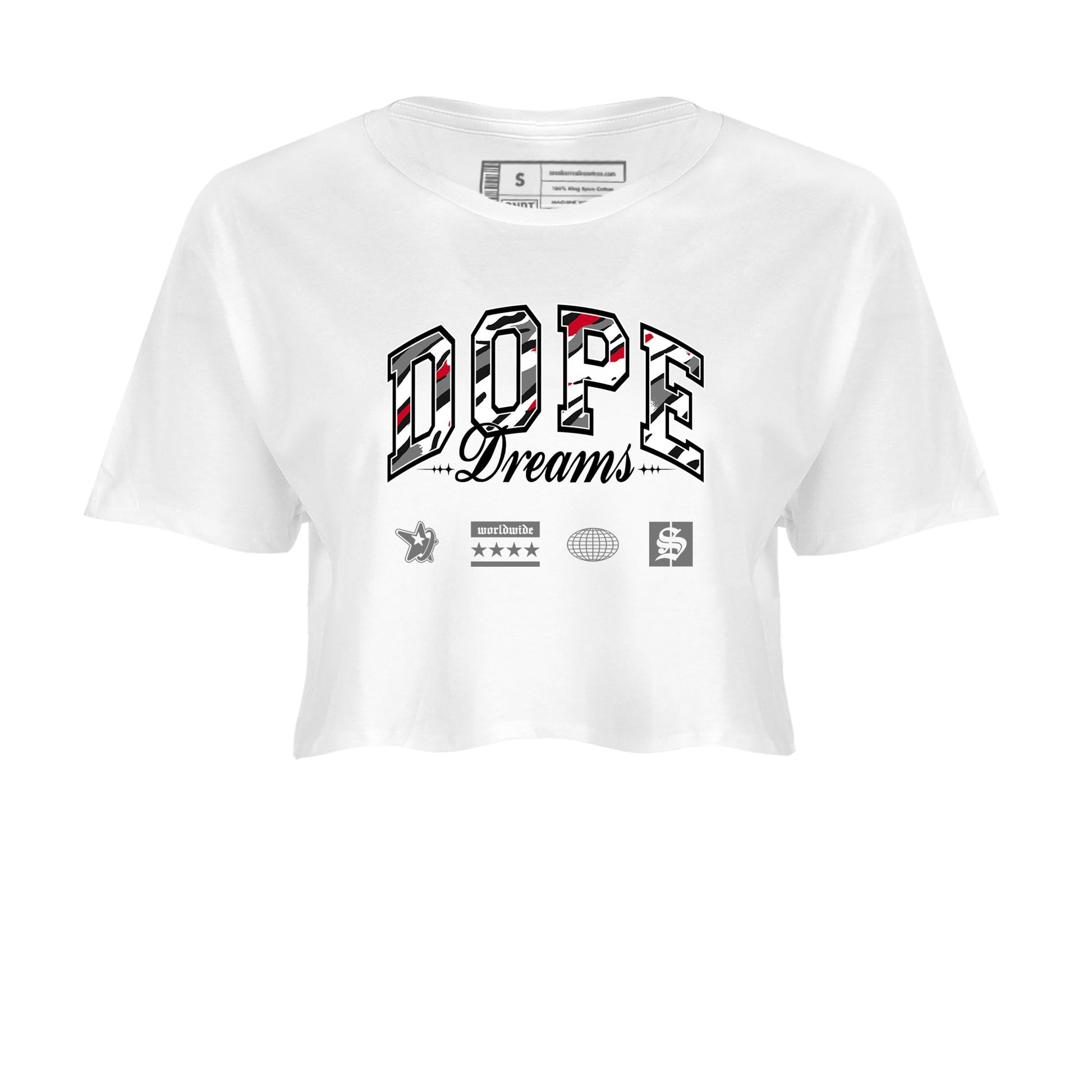 Sneaker Threads – Sneaker Tees To Match Air Jordan 8 Bunny – Dope Dreams Crop Tee White 2. Perfect for Jordan releases 2025 colorways.
