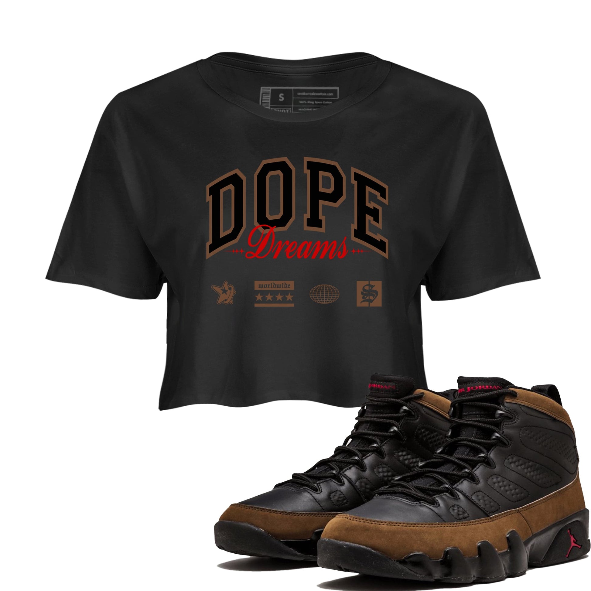 9s Olive shirts to match jordans Dope Dreams sneaker match tees Air Jordan 9 Olive match shoes to clothes SNRT Sneaker Tees unisex cotton Black 1 crop tee