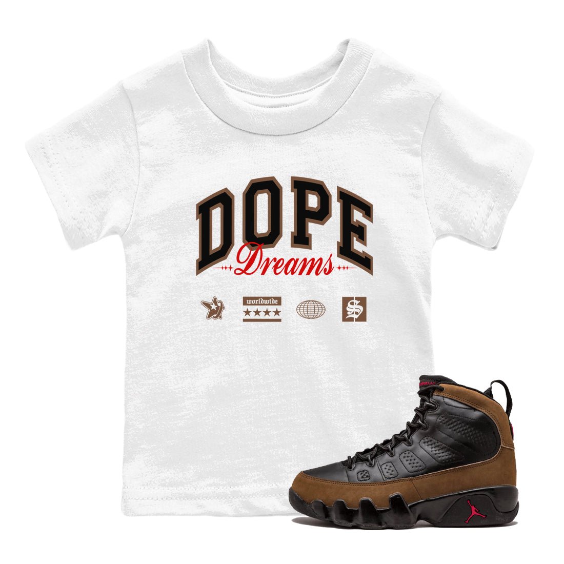 9s Olive shirts to match jordans Dope Dreams sneaker match tees Air Jordan 9 Olive match shoes to clothes SNRT Sneaker Tees Youth Baby White 1 tee