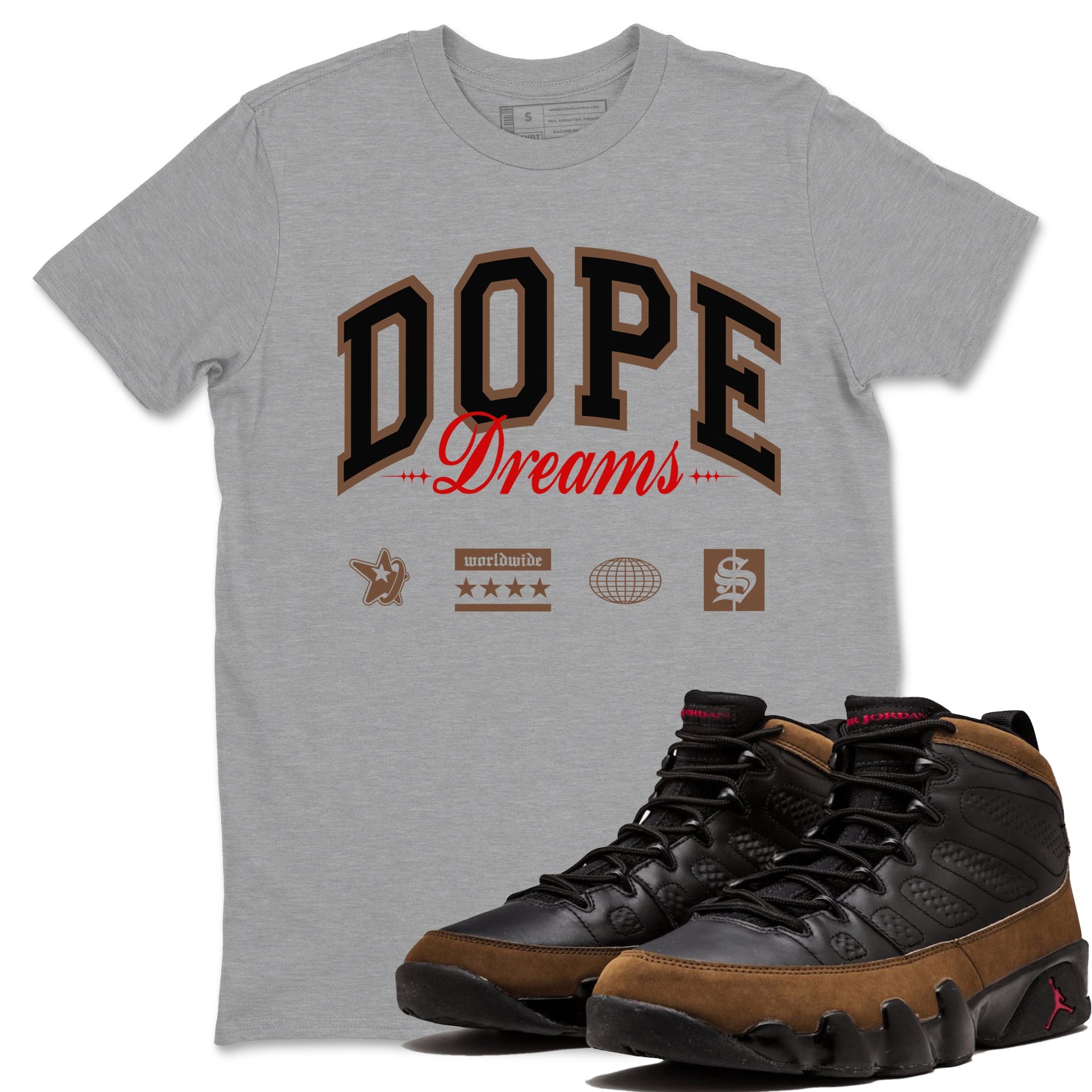 9s Olive shirts to match jordans Dope Dreams sneaker match tees Air Jordan 9 Olive match shoes to clothes SNRT Sneaker Tees unisex cotton Heather Grey 1 shirts