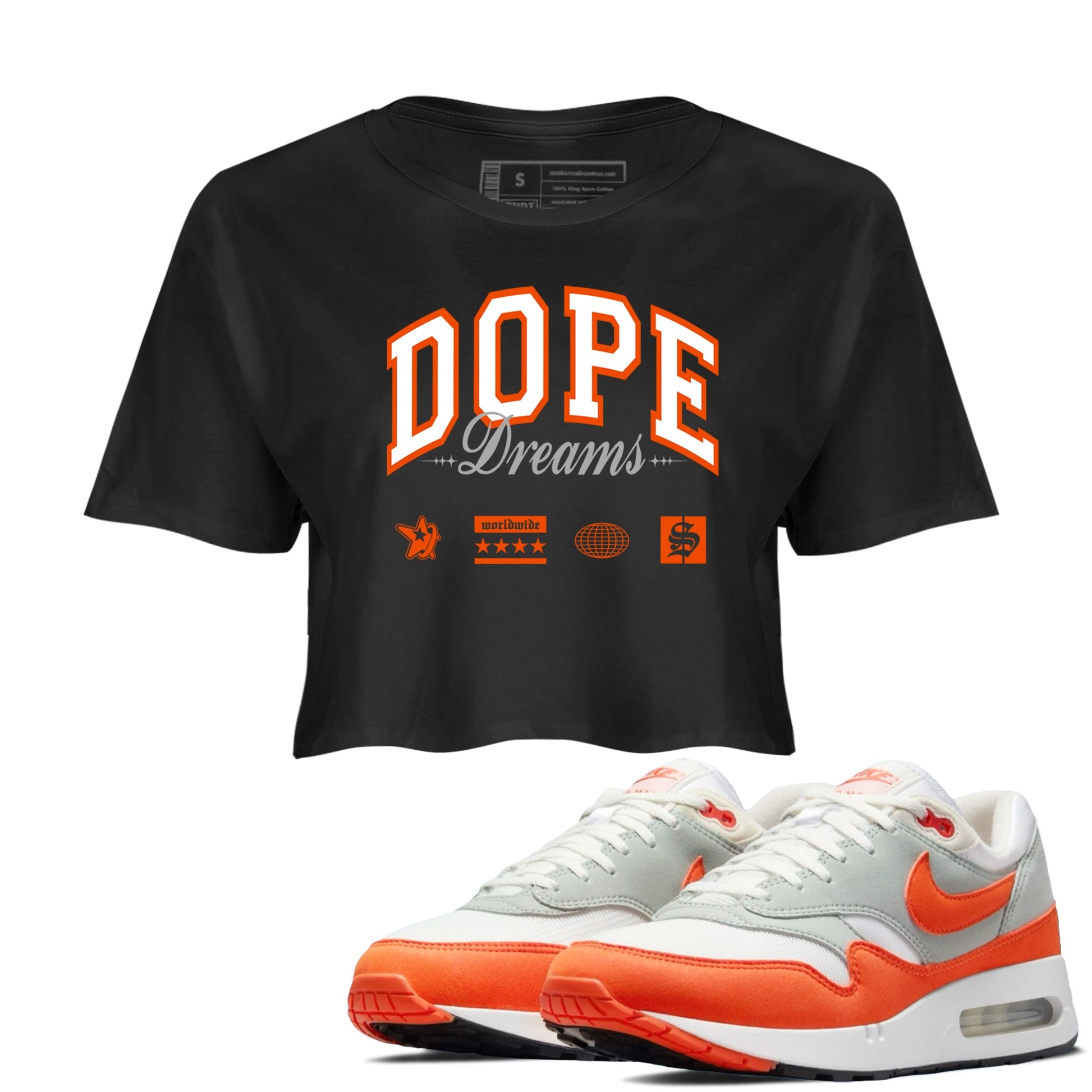 Air Max 1 OG '86 'Summit White and Cosmic Clay shirts to match jordans Dope Dreams sneaker match tees Air Max 1 Cosmic Clay match shoes to clothes SNRT Sneaker Tees unisex cotton Black 1 crop tee