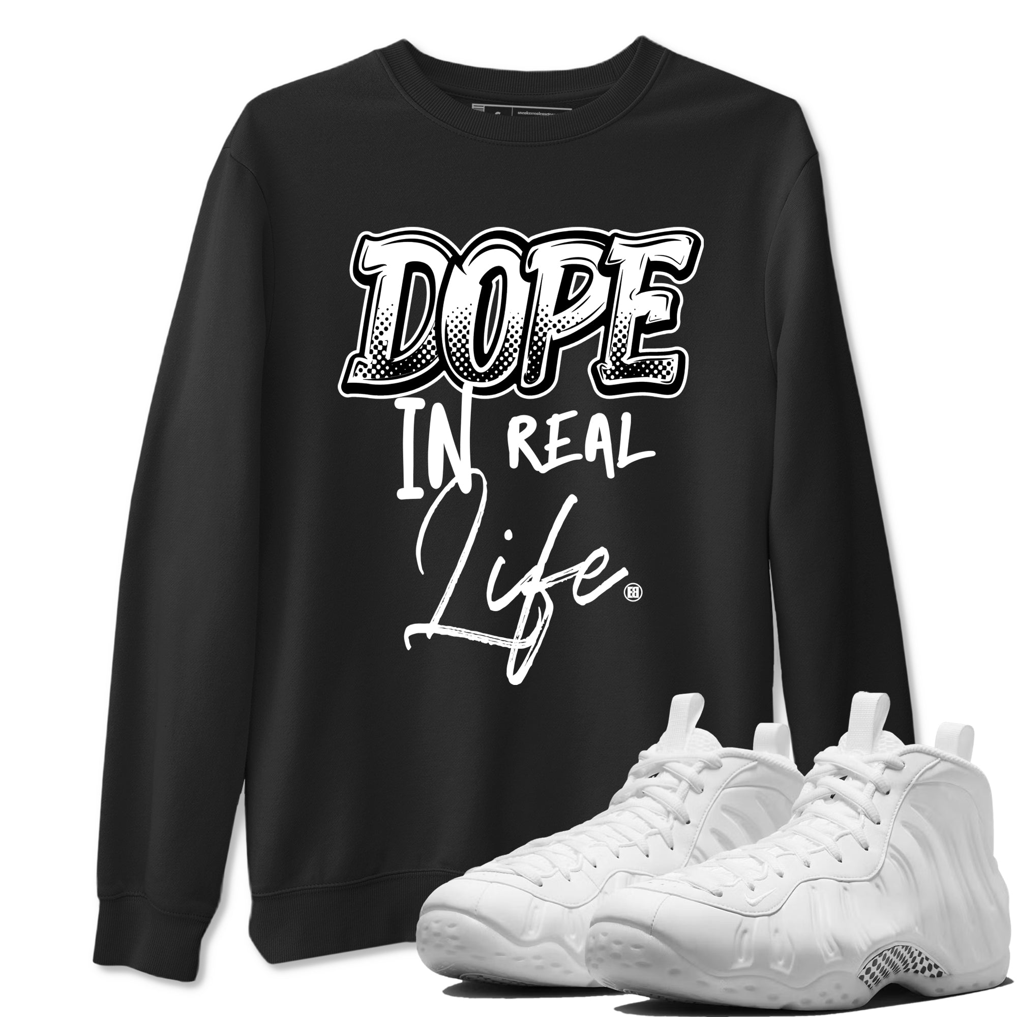 Dope In Real Life sneaker match t-shirt styled to complete your fit with the Air Foamposite One Triple White sneakers, graphic shirts in Black 1.