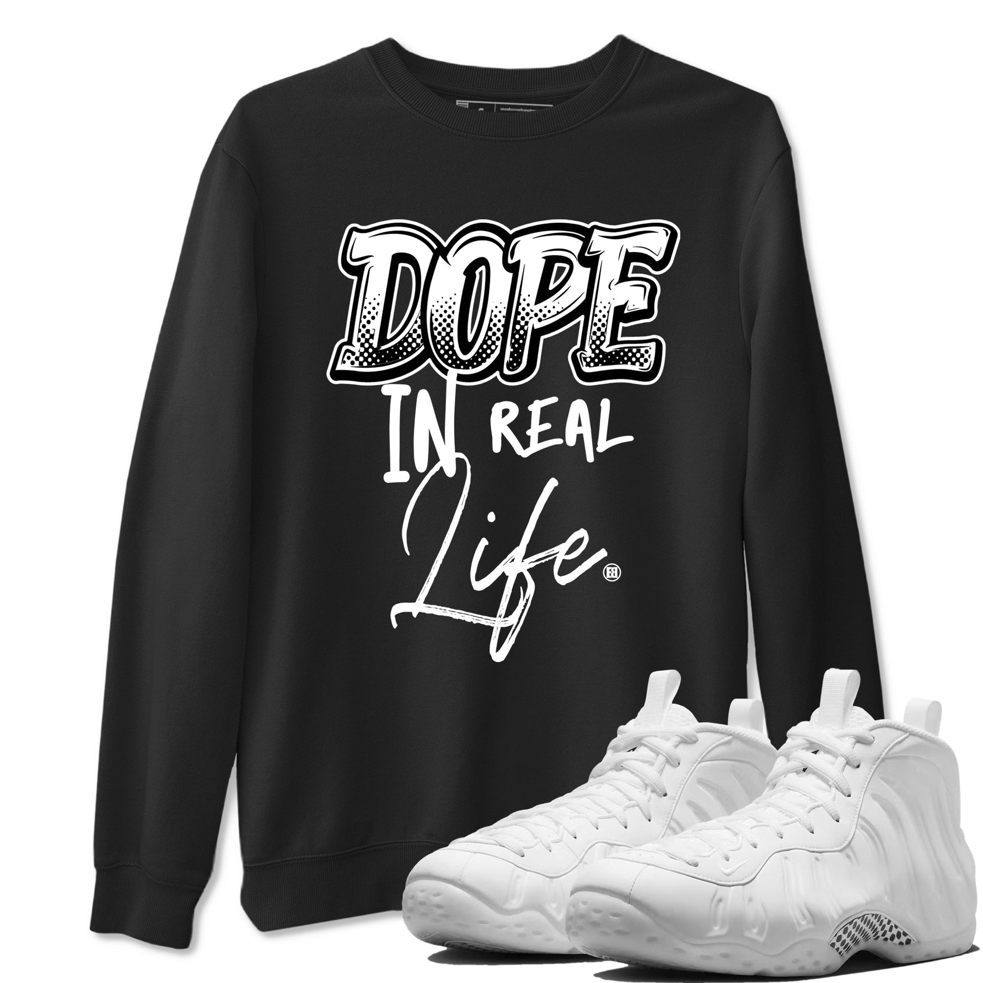 Dope In Real Life sneaker match t-shirt styled to complete your fit with the Air Foamposite One Triple White sneakers, graphic shirts in Black 1.