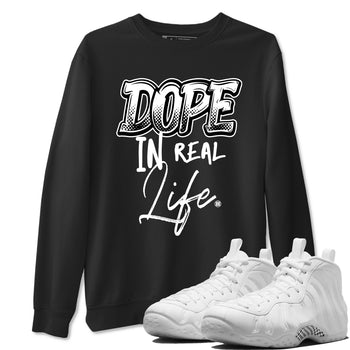 Dope In Real Life sneaker match t-shirt styled to complete your fit with the Air Foamposite One Triple White sneakers, graphic shirts in Black 1.