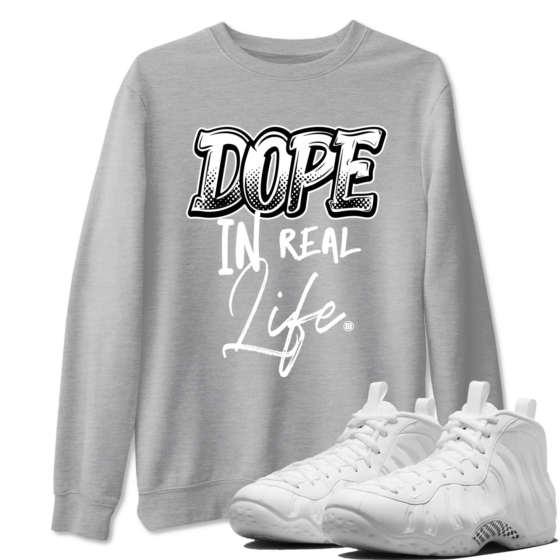 Dope In Real Life sneaker match t-shirt styled to complete your fit with the Air Foamposite One Triple White sneakers, graphic shirts in Heather Grey 1.