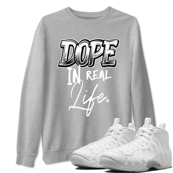 Dope In Real Life sneaker match t-shirt styled to complete your fit with the Air Foamposite One Triple White sneakers, graphic shirts in Heather Grey 1.