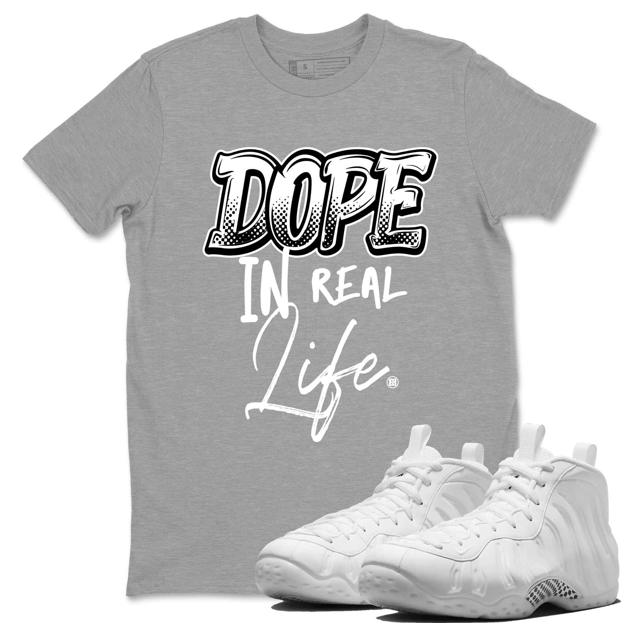 Dope In Real Life sneaker match t-shirt styled to complete your fit with the Air Foamposite One Triple White sneakers, graphic shirts in Heather Grey 1.