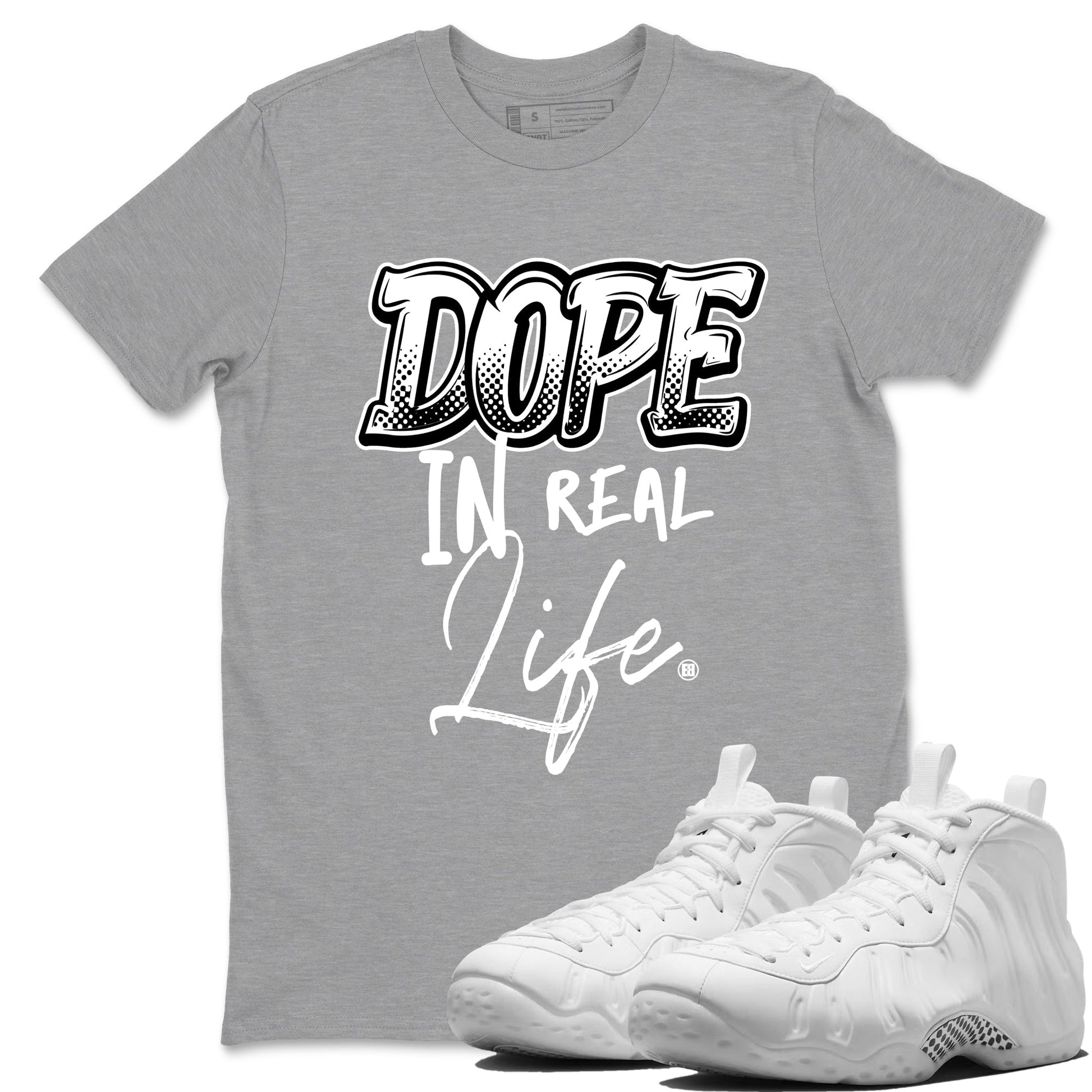 Dope In Real Life sneaker match t-shirt styled to complete your fit with the Air Foamposite One Triple White sneakers, graphic shirts in Heather Grey 1.