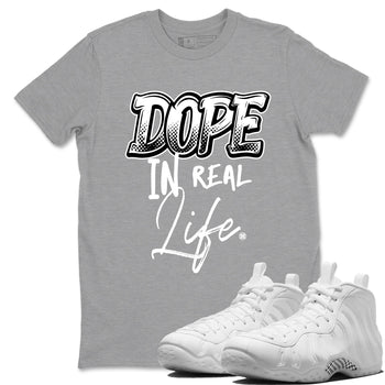 Dope In Real Life sneaker match t-shirt styled to complete your fit with the Air Foamposite One Triple White sneakers, graphic shirts in Heather Grey 1.