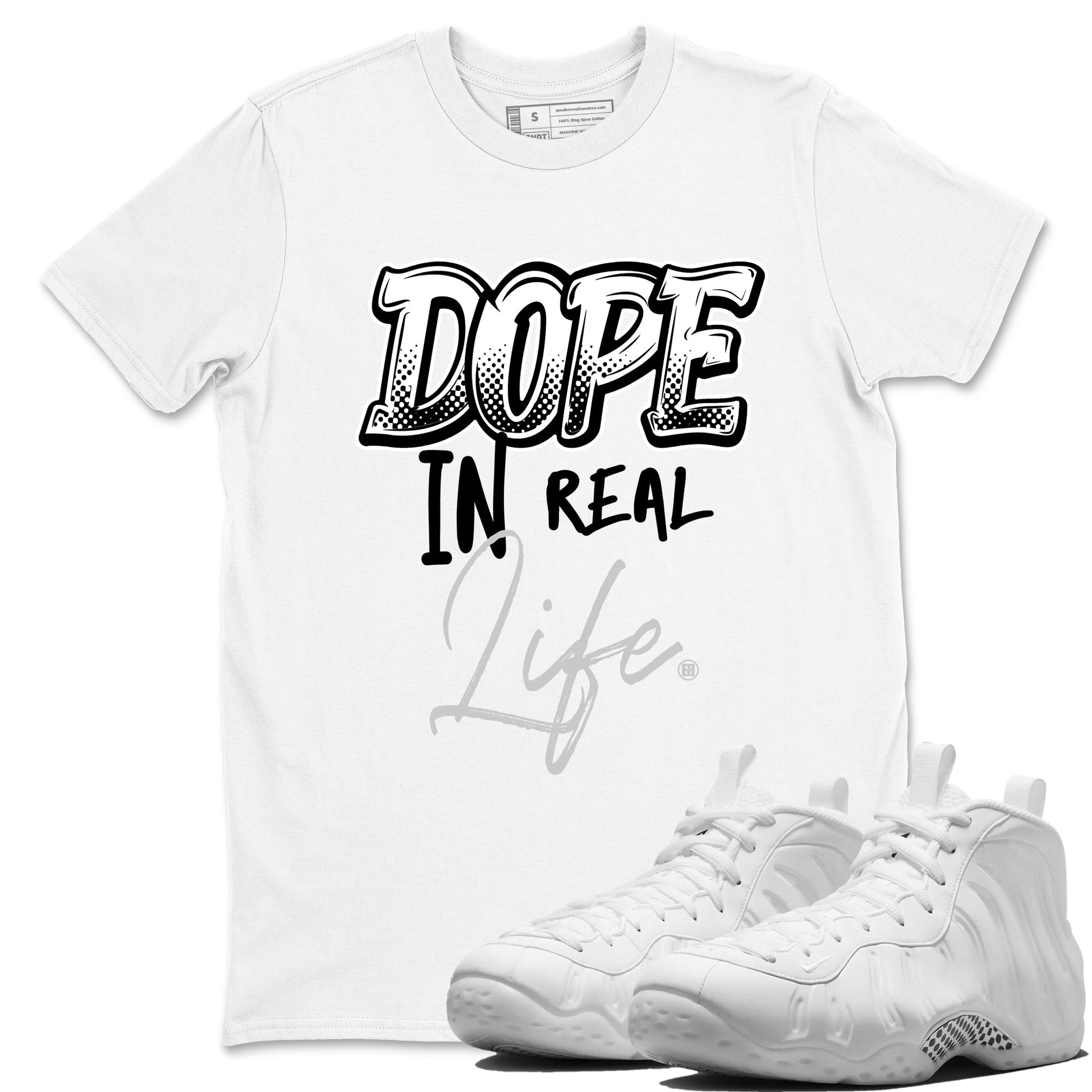 Dope In Real Life sneaker match t-shirt styled to complete your fit with the Air Foamposite One Triple White sneakers, graphic shirts in White 1.