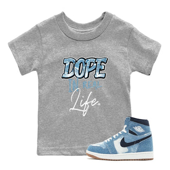 1s Denim shirts to match jordans Dope In Real Life sneaker match tees Air Jordan 1 Denim SNRT Sneaker Tees streetwear brand Baby and Youth Heather Grey 1 cotton tee
