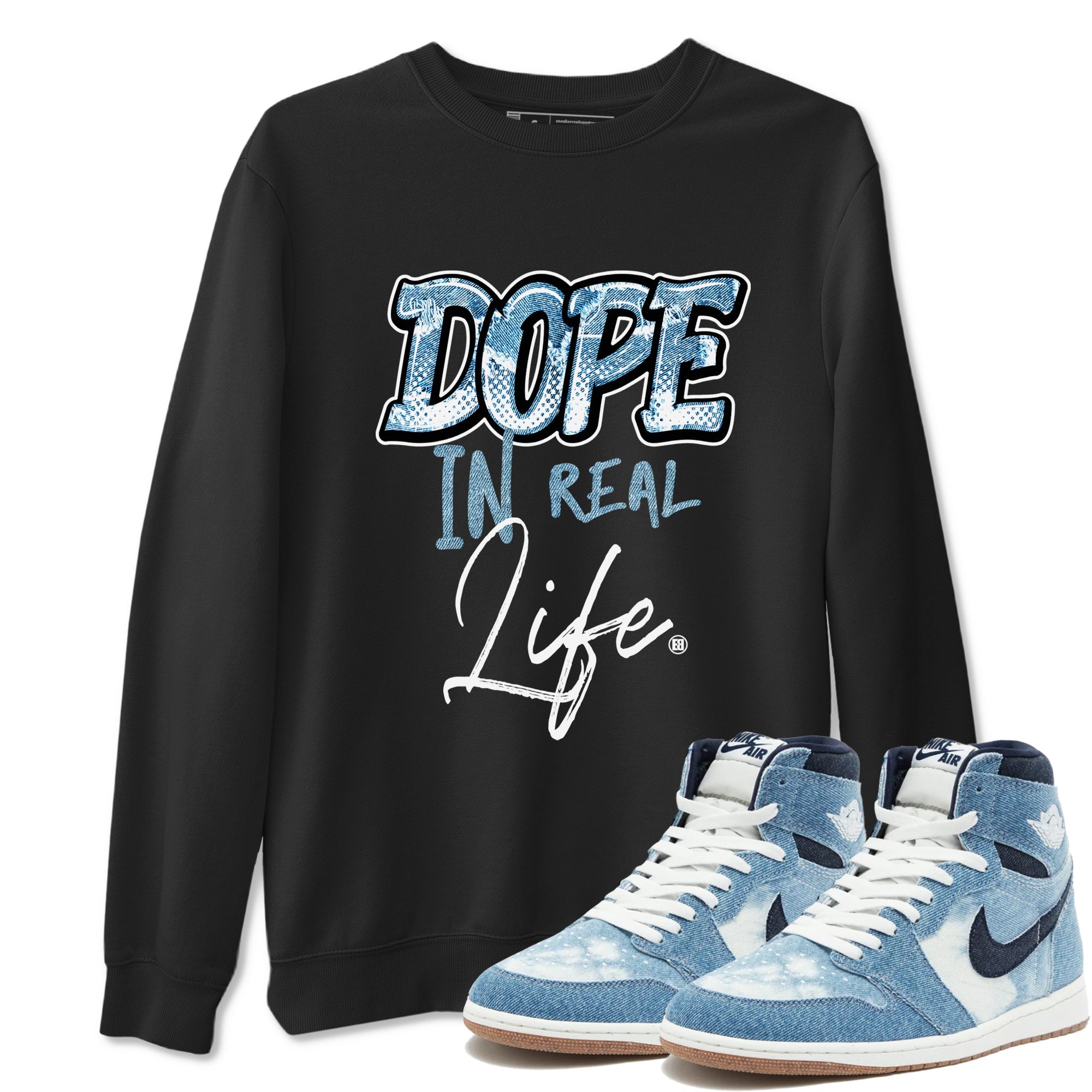 1s Denim shirts to match jordans Dope In Real Life sneaker match tees Air Jordan 1 Denim SNRT Sneaker Tees streetwear brand Black 1 unisex cotton tee