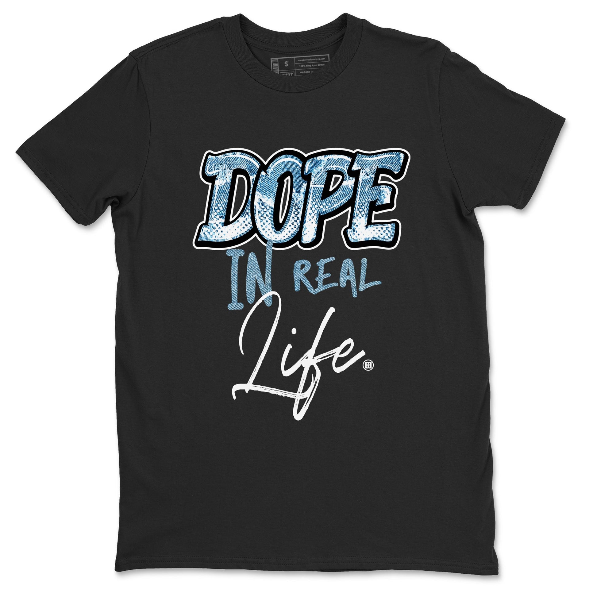 1s Denim shirts to match jordans Dope In Real Life sneaker match tees Air Jordan 1 Denim SNRT Sneaker Tees streetwear brand Black 2 unisex cotton tee