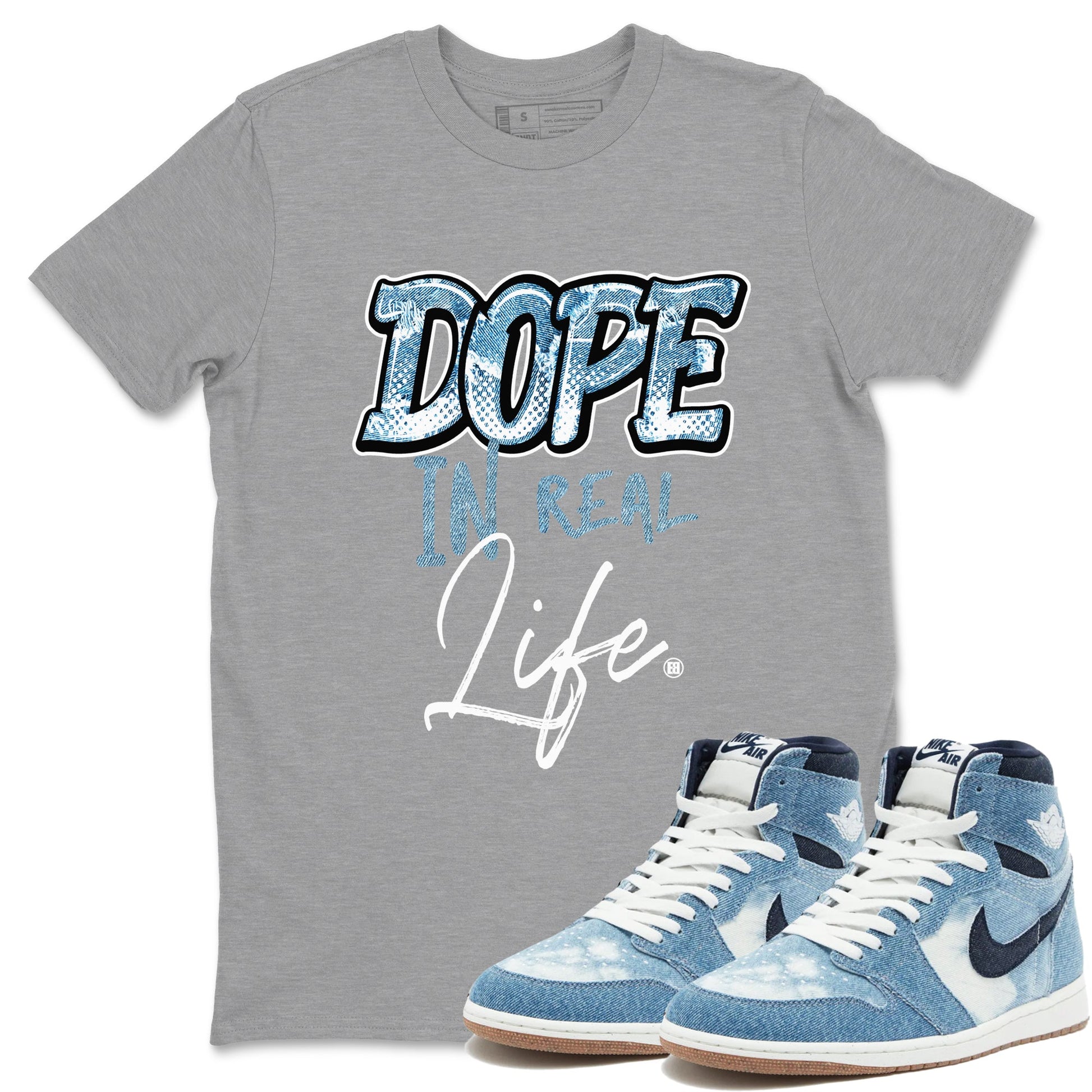 1s Denim shirts to match jordans Dope In Real Life sneaker match tees Air Jordan 1 Denim SNRT Sneaker Tees streetwear brand Heather Grey 1 unisex cotton tee