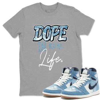 1s Denim shirts to match jordans Dope In Real Life sneaker match tees Air Jordan 1 Denim SNRT Sneaker Tees streetwear brand Heather Grey 1 unisex cotton tee