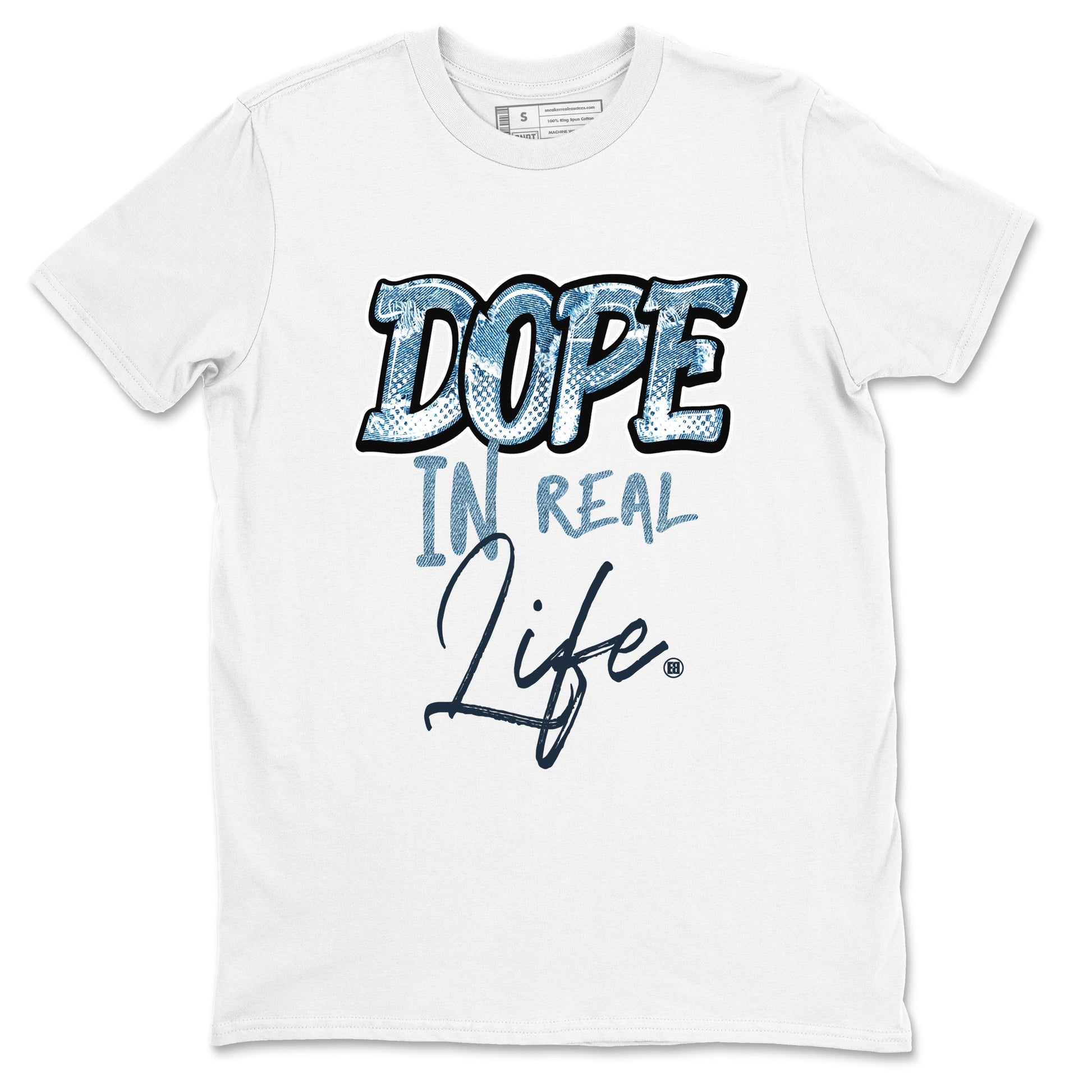 1s Denim shirts to match jordans Dope In Real Life sneaker match tees Air Jordan 1 Denim SNRT Sneaker Tees streetwear brand White 2 unisex cotton tee