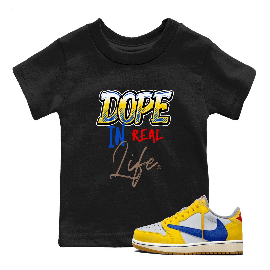 Air Jordan 1 Travis Scott Canary shirt to match jordans Dope In Real Life sneaker tees Air Jordan 1 Low x Travis Scott x Canary SNRT sneaker release tees baby toddler Black 1 cotton Shirt