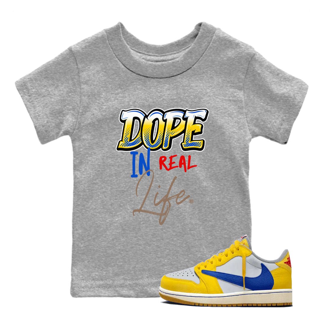 Air Jordan 1 Travis Scott Canary shirt to match jordans Dope In Real Life sneaker tees Air Jordan 1 Low x Travis Scott x Canary SNRT sneaker release tees baby toddler Heather Grey 1 cotton Shirt