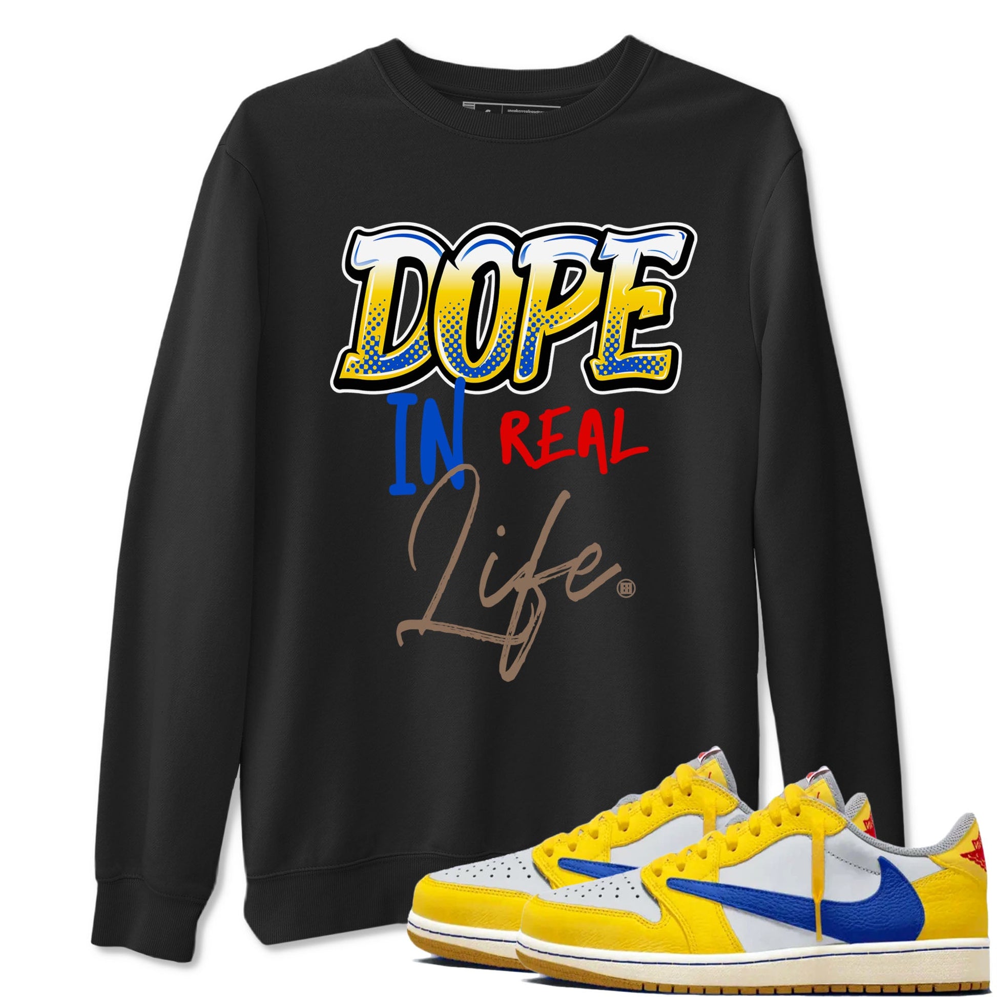 Air Jordan 1 Travis Scott Canary shirt to match jordans Dope In Real Life sneaker tees Air Jordan 1 Low x Travis Scott x Canary SNRT Sneaker Release Tees unisex cotton Black 1 crew neck shirt