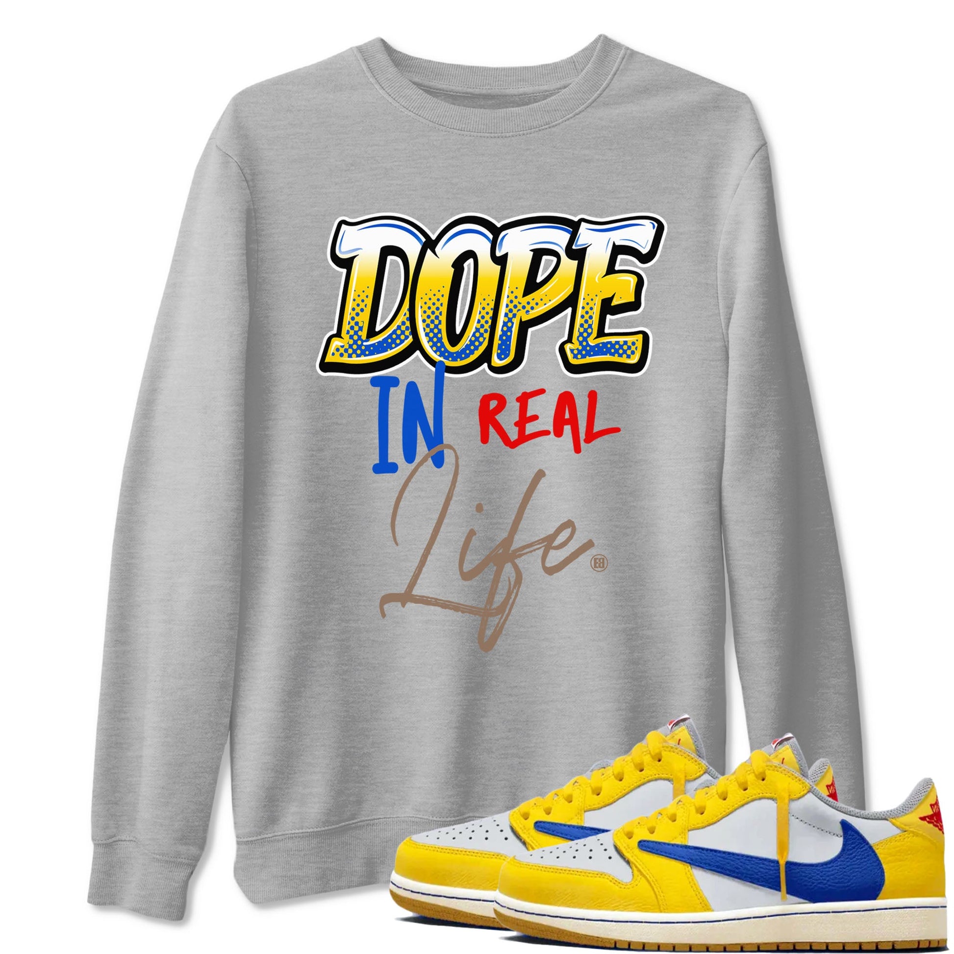 Air Jordan 1 Travis Scott Canary shirt to match jordans Dope In Real Life sneaker tees Air Jordan 1 Low x Travis Scott x Canary SNRT Sneaker Release Tees unisex cotton Heather Grey 1 crew neck shirt