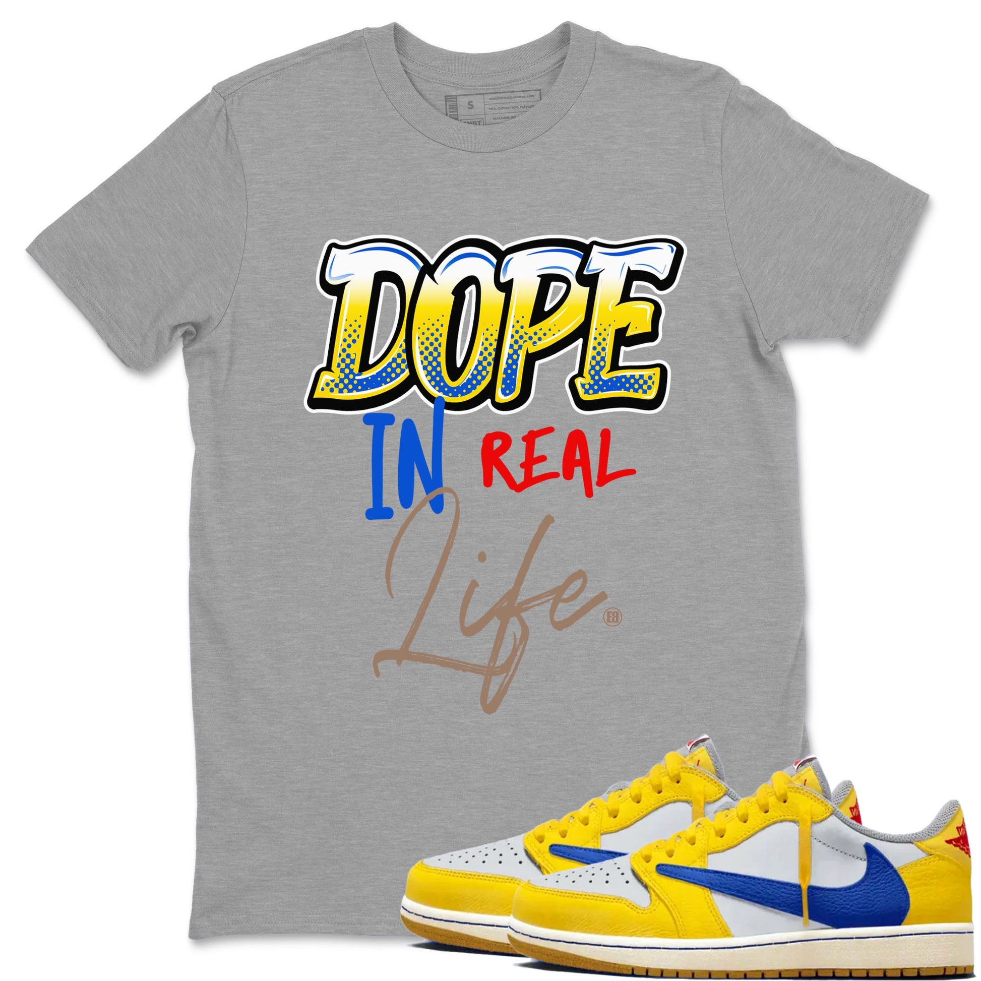 Air Jordan 1 Travis Scott Canary shirt to match jordans Dope In Real Life sneaker tees Air Jordan 1 Low x Travis Scott x Canary SNRT Sneaker Release Tees unisex cotton Heather Grey 1 crew neck shirt