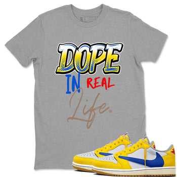 Air Jordan 1 Travis Scott Canary shirt to match jordans Dope In Real Life sneaker tees Air Jordan 1 Low x Travis Scott x Canary SNRT Sneaker Release Tees unisex cotton Heather Grey 1 crew neck shirt