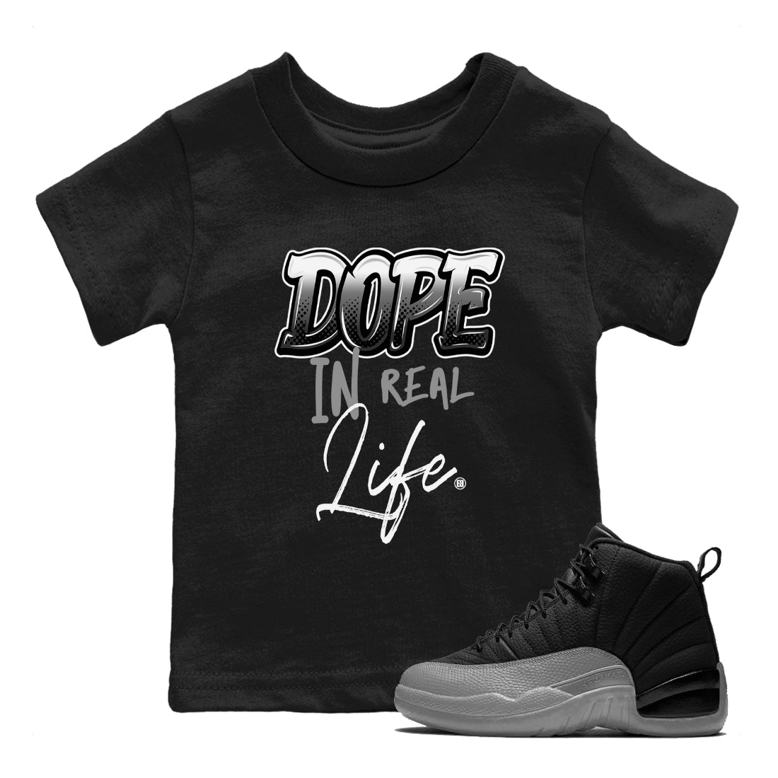 12s Black Wolf Grey shirts to match jordans Dope In Real Life sneaker match tees Air Jordan 12 Barons SNRT Sneaker Release Tees Youth Baby Black 1 crew neck shirts