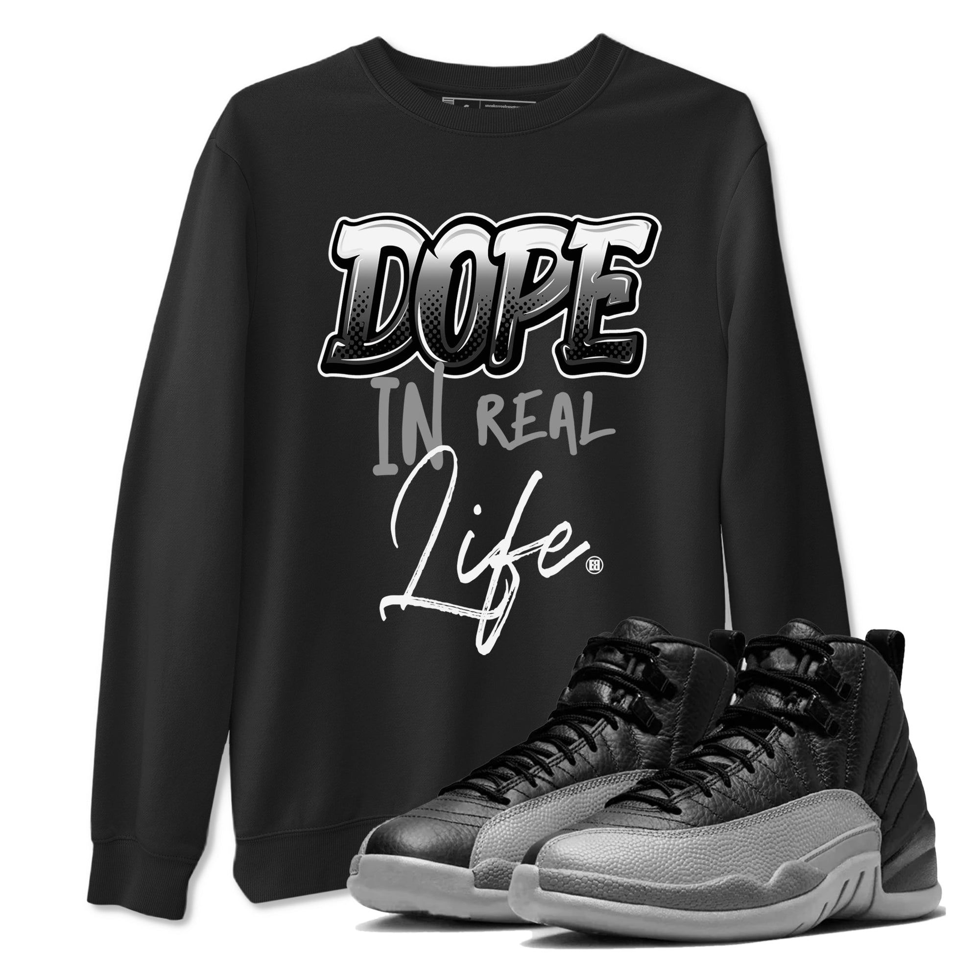 12s Black Wolf Grey shirts to match jordans Dope In Real Life sneaker match tees Air Jordan 12 Barons SNRT Sneaker Release Tees unisex cotton Black 1 crew neck shirts