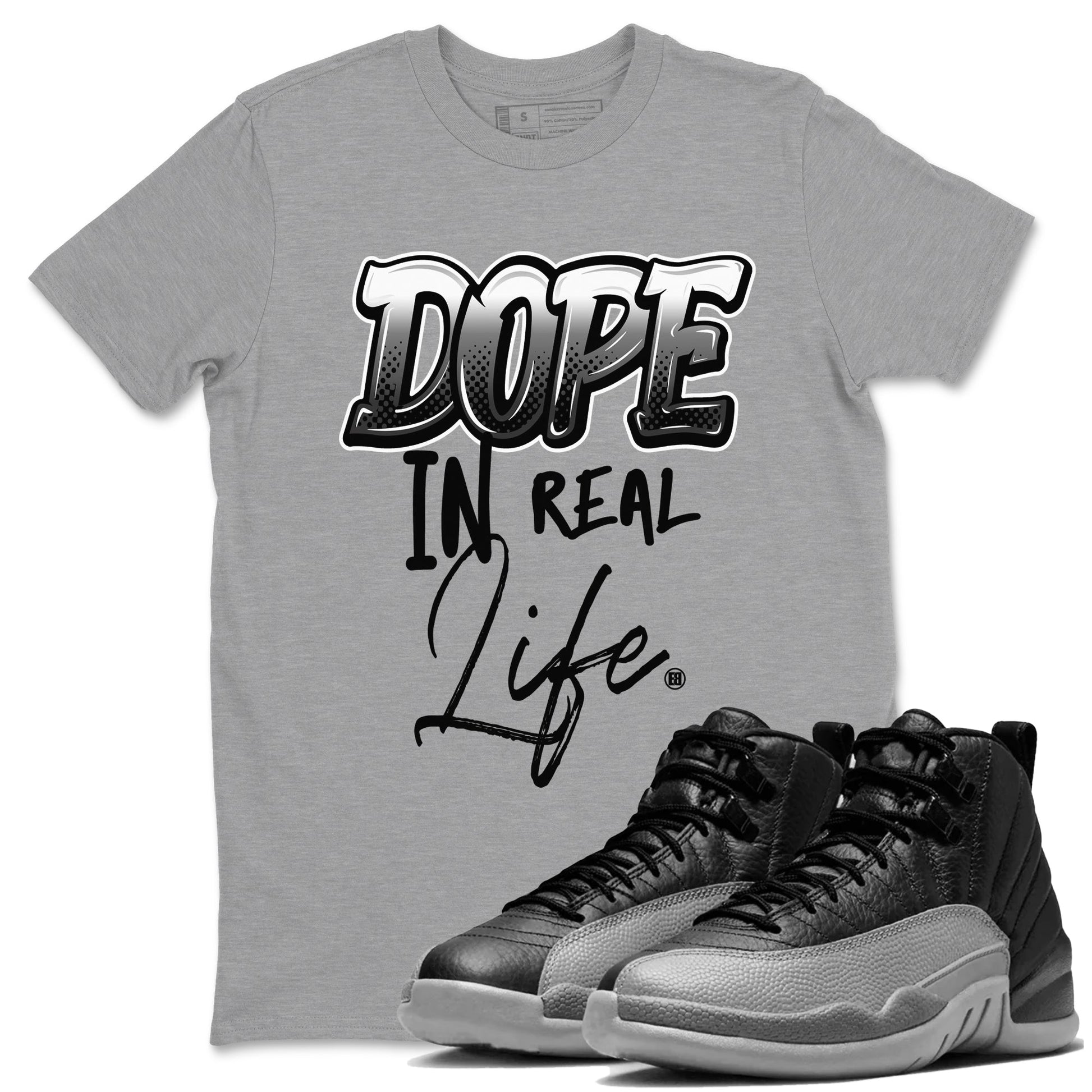 12s Black Wolf Grey shirts to match jordans Dope In Real Life sneaker match tees Air Jordan 12 Barons SNRT Sneaker Release Tees unisex cotton Heather Grey 1 crew neck shirts