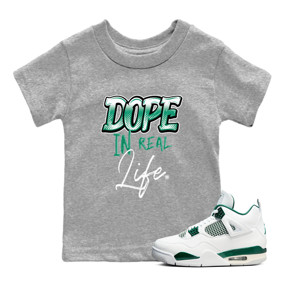 4s Oxidized Green shirts to match jordans Dope In Real Life sneaker match tees Air Jordan 4 Oxidized Green SNRT Sneaker Tees streetwear brand Baby and Youth Heather Grey 1 cotton tee