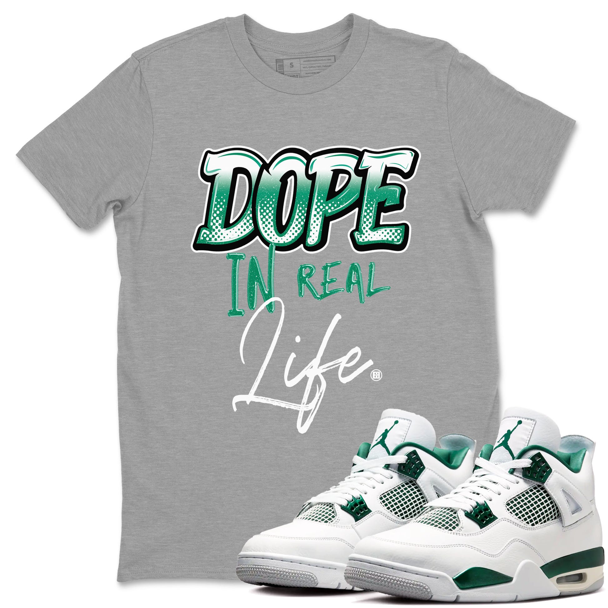 4s Oxidized Green shirts to match jordans Dope In Real Life sneaker match tees Air Jordan 4 Oxidized Green SNRT Sneaker Tees streetwear brand Heather Grey 1 unisex cotton tee