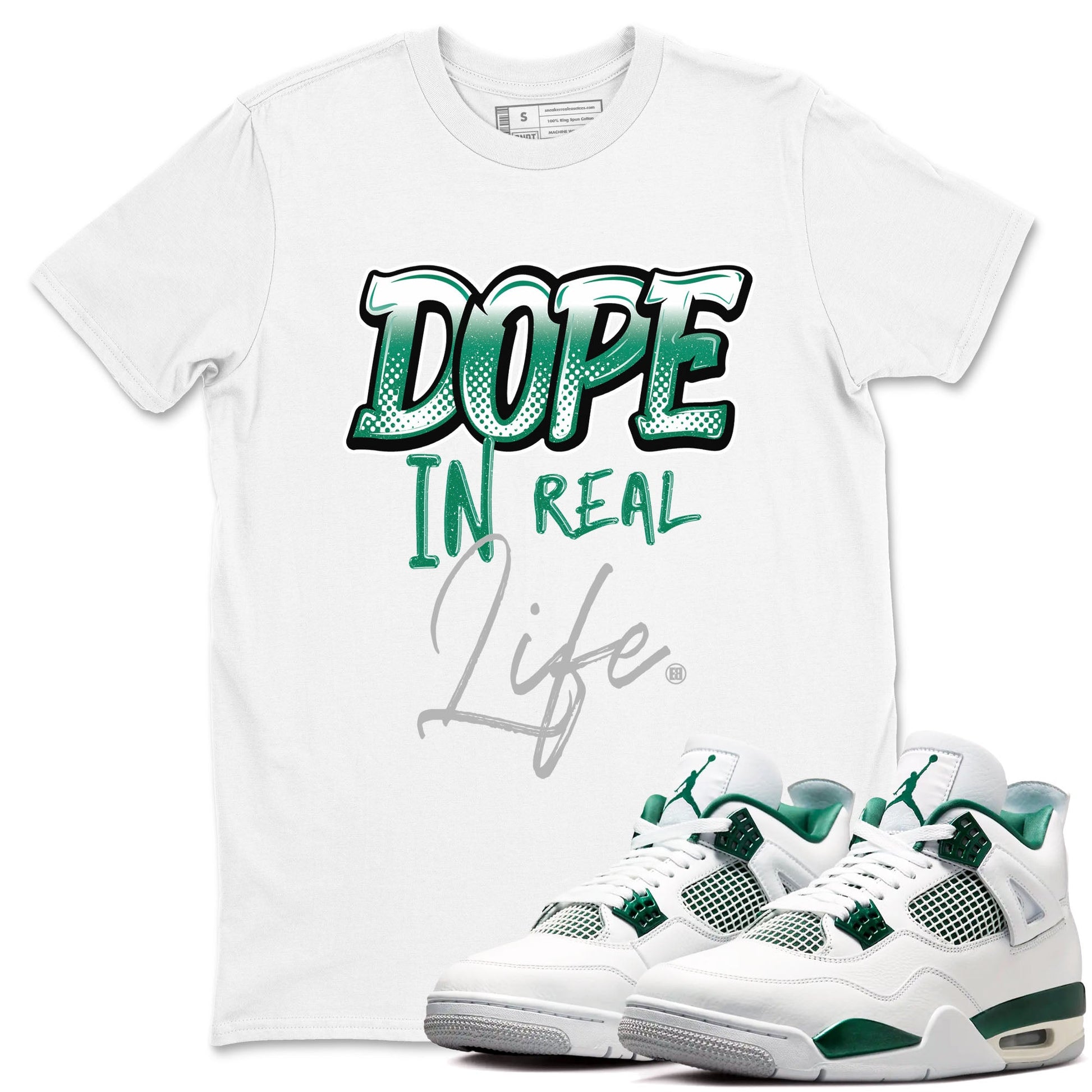 4s Oxidized Green shirts to match jordans Dope In Real Life sneaker match tees Air Jordan 4 Oxidized Green SNRT Sneaker Tees streetwear brand White 1 unisex cotton tee
