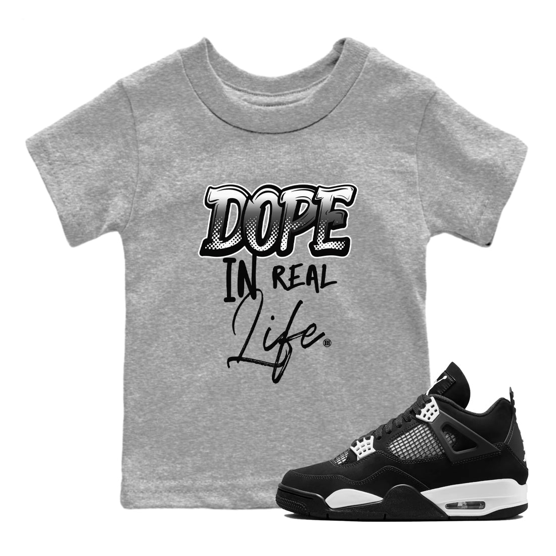 4s White Thunder shirts to match jordans Dope In Real Life sneaker match tees Air Jordan 4 Retro White Thunder SNRT Sneaker Release Tees Youth Baby Heather Grey 1 crew neck shirts