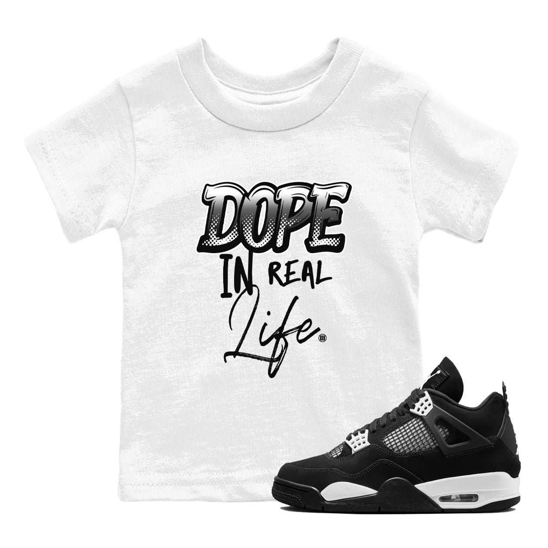 4s White Thunder shirts to match jordans Dope In Real Life sneaker match tees Air Jordan 4 Retro White Thunder SNRT Sneaker Release Tees Youth Baby White 1 crew neck shirts