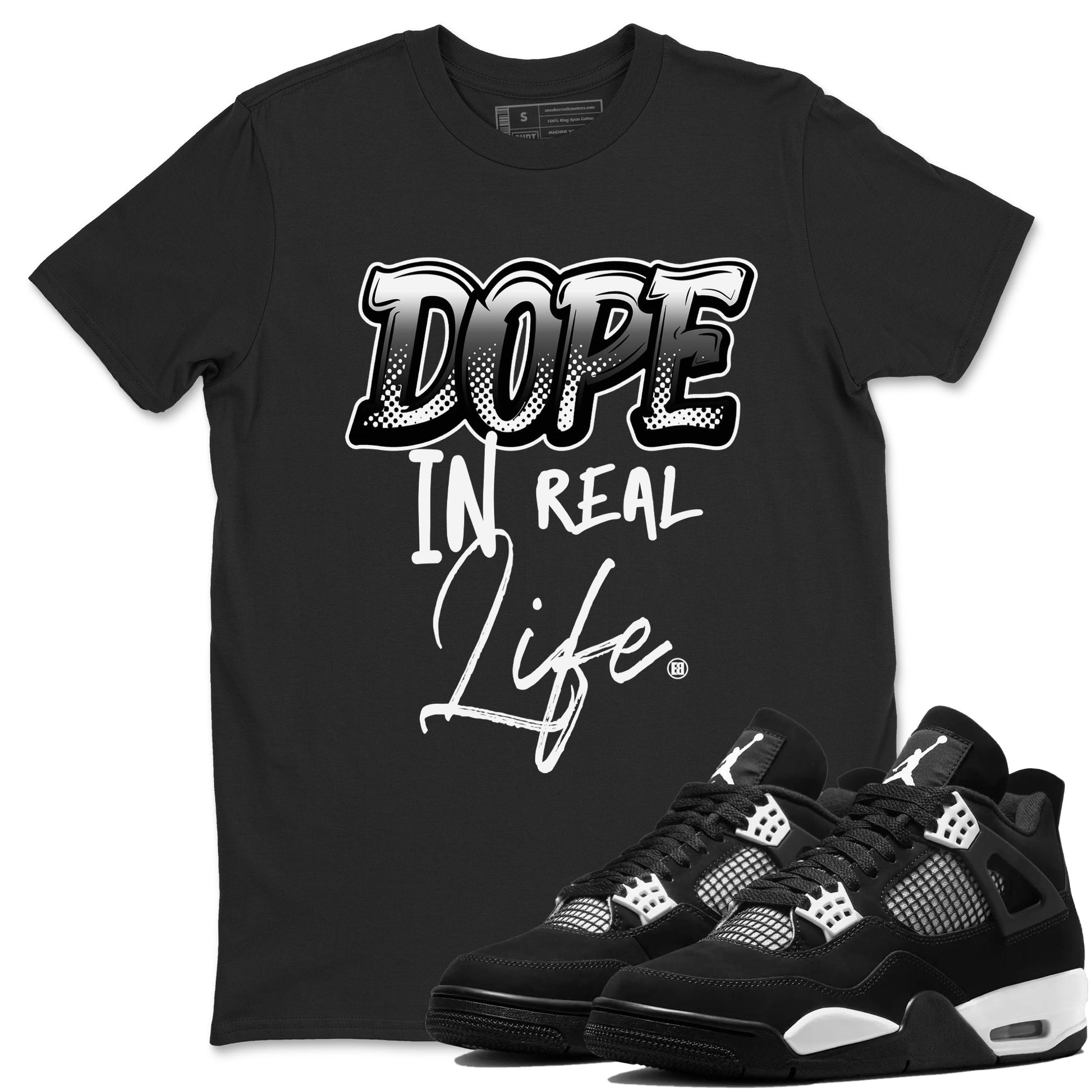 4s White Thunder shirts to match jordans Dope In Real Life sneaker match tees Air Jordan 4 Retro White Thunder SNRT Sneaker Release Tees unisex cotton Black 1 crew neck shirts