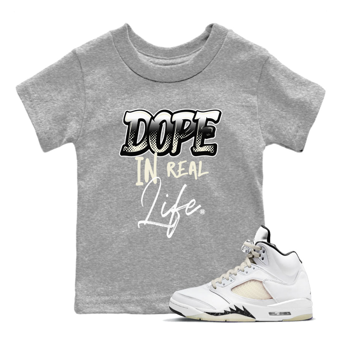 AJ5 Sail shirt to match jordans Dope In Real Life sneaker tees Air Jordan 5 Sail SNRT sneaker release tees baby toddler Heather Grey 1 cotton Shirt
