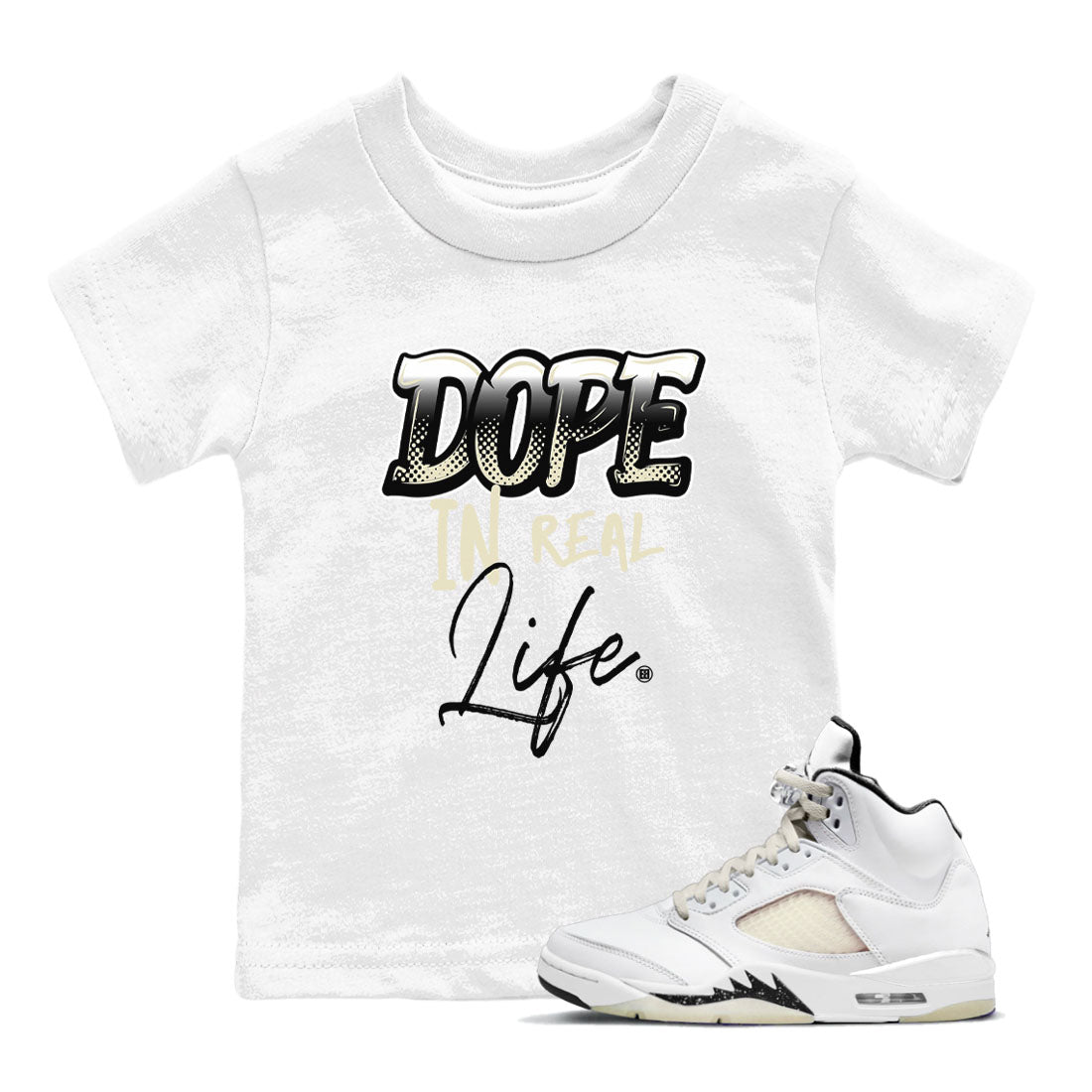 AJ5 Sail shirt to match jordans Dope In Real Life sneaker tees Air Jordan 5 Sail SNRT sneaker release tees baby toddler White 1 cotton Shirt