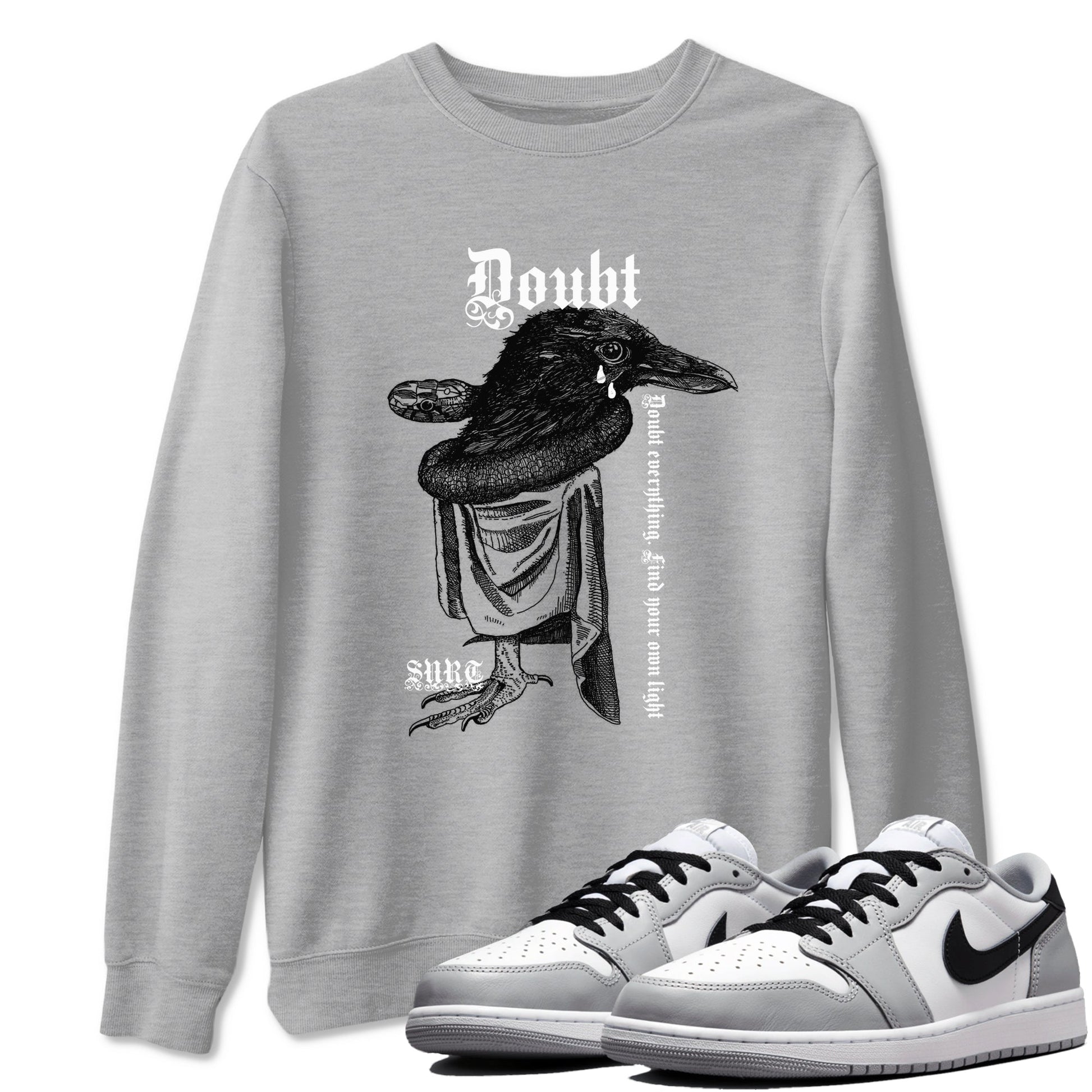 AJ1 Wolf Grey shirts to match jordans Doubt Everything sneaker match tees Air Jordan 1 Wolf Grey SNRT Sneaker Tees streetwear brand Heather Grey 1 unisex cotton tee