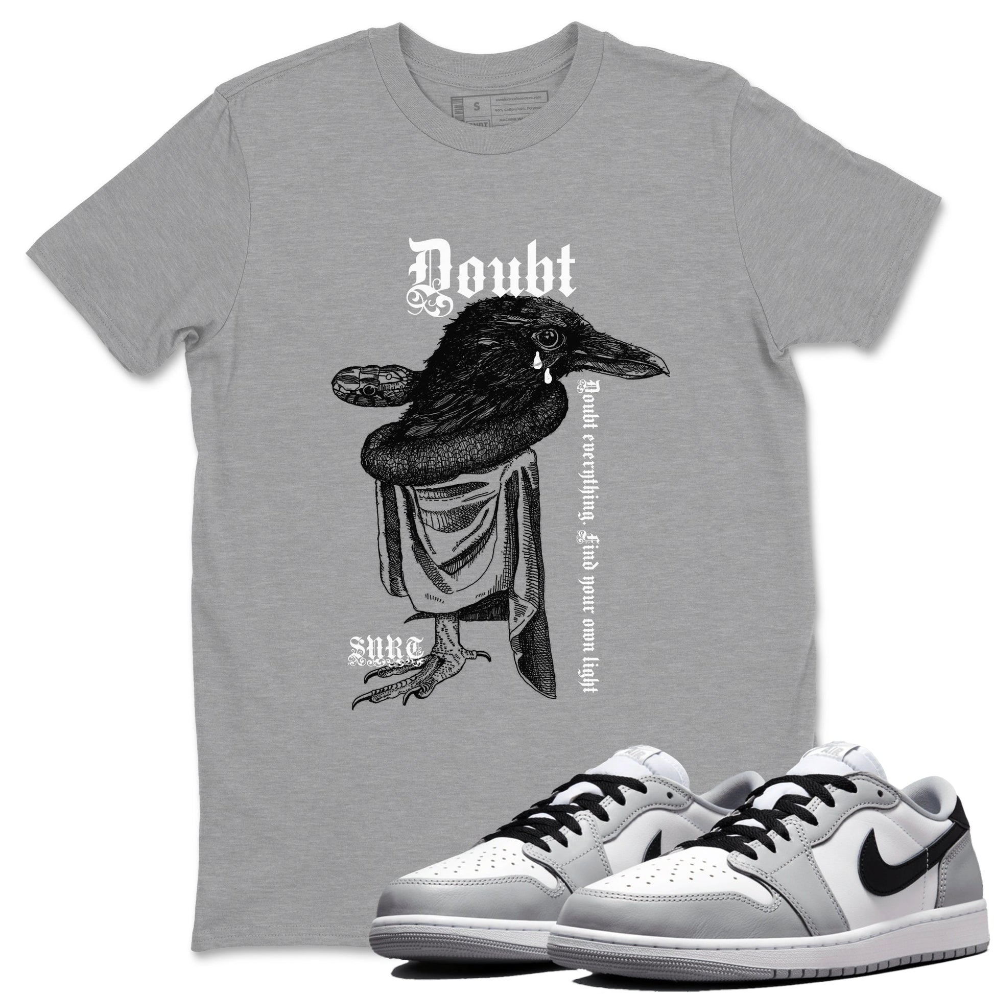 AJ1 Wolf Grey shirts to match jordans Doubt Everything sneaker match tees Air Jordan 1 Wolf Grey SNRT Sneaker Tees streetwear brand Heather Grey 1 unisex cotton tee