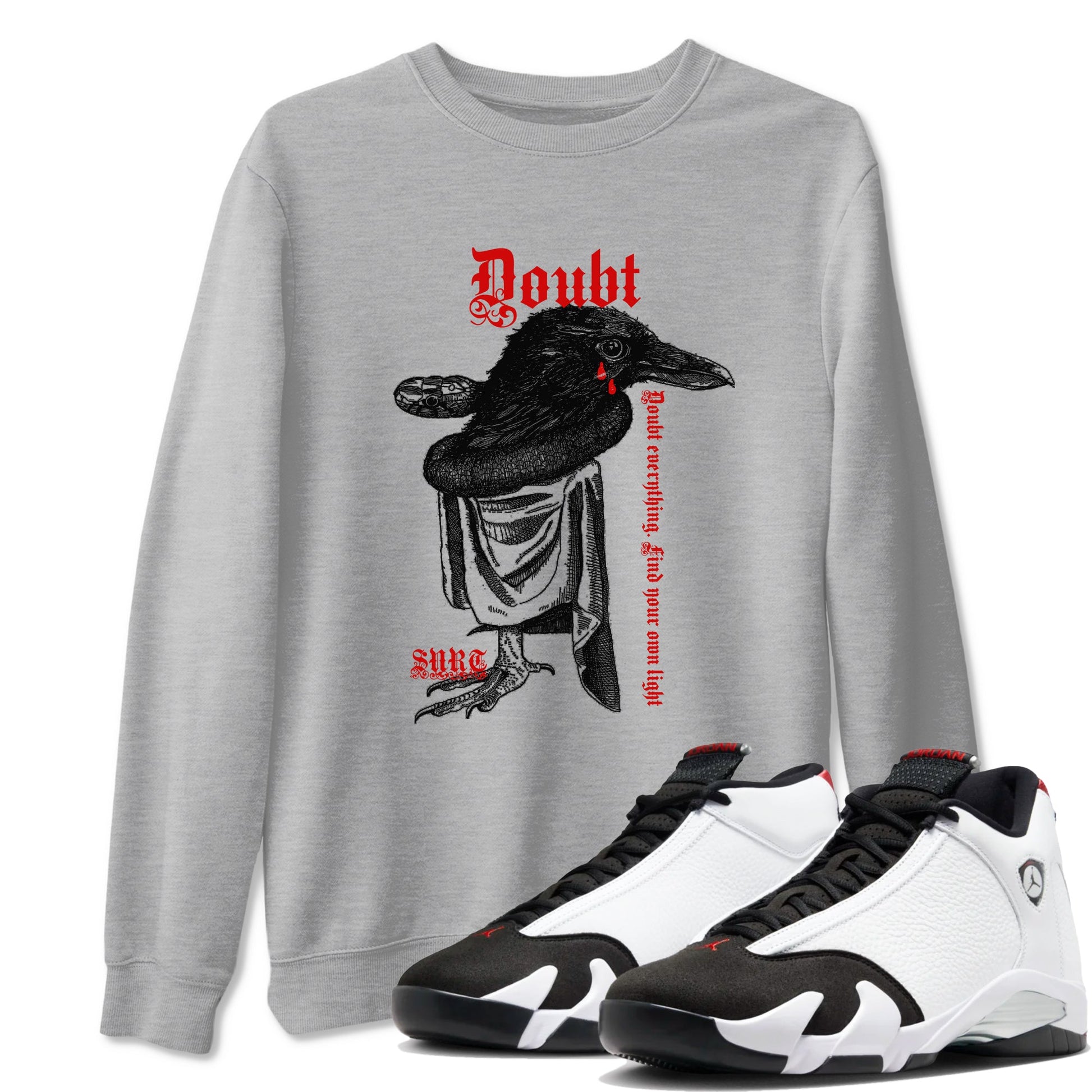 Air Jordan 14 Black Toe t shirts to match sneakers Doubt Everything sneaker match tees 14s Black Toe sneaker match tee SNRT Sneaker Tees unisex cotton Heather Grey 1 shirts