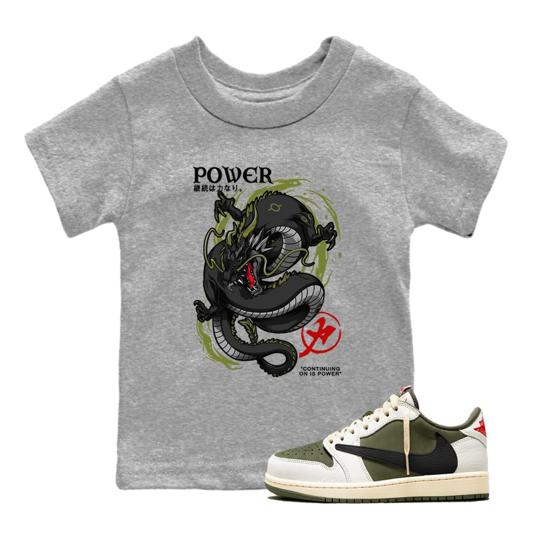 Jordan 1 Olive t shirts to match sneakers Dragon Power sneaker match tees Air Jordan 1 Low x Travis Scott Reverse Olive tee SNRT Sneaker Tees Youth Baby Heather Grey 1 tee