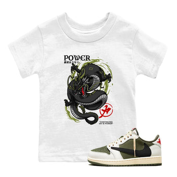Jordan 1 Olive t shirts to match sneakers Dragon Power sneaker match tees Air Jordan 1 Low x Travis Scott Reverse Olive tee SNRT Sneaker Tees Youth Baby White 1 tee