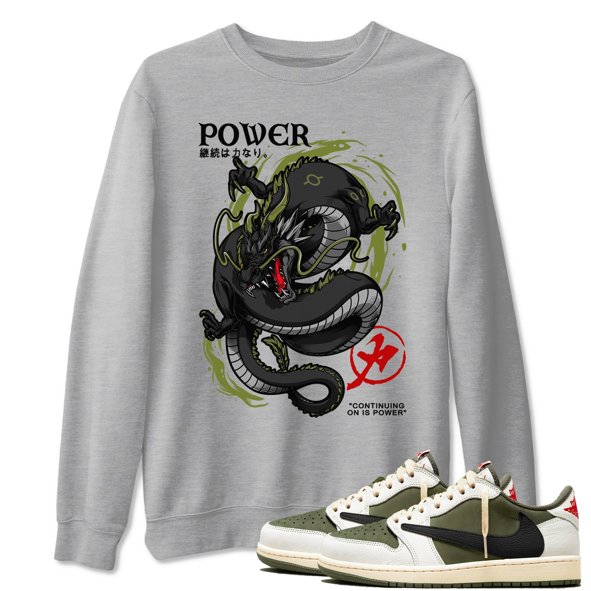 Jordan 1 Olive t shirts to match sneakers Dragon Power sneaker match tees Air Jordan 1 Low x Travis Scott Reverse Olive tee SNRT Sneaker Tees unisex cotton Heather Grey 1 shirts