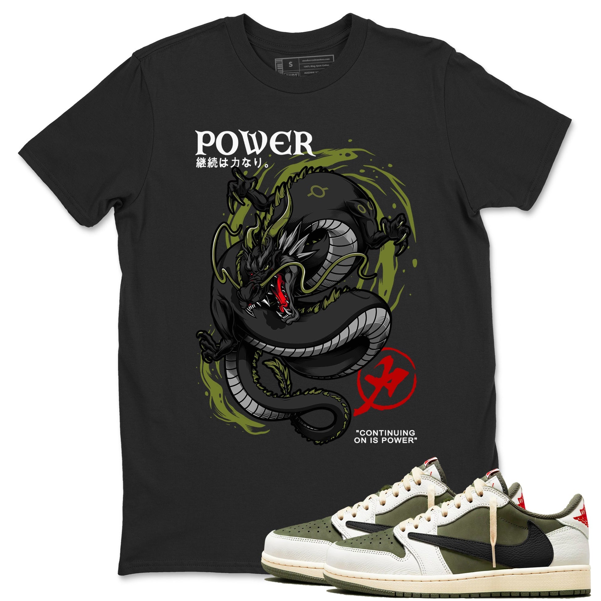Jordan 1 Olive t shirts to match sneakers Dragon Power sneaker match tees Air Jordan 1 Low x Travis Scott Reverse Olive tee SNRT Sneaker Tees unisex cotton Black 1 shirts