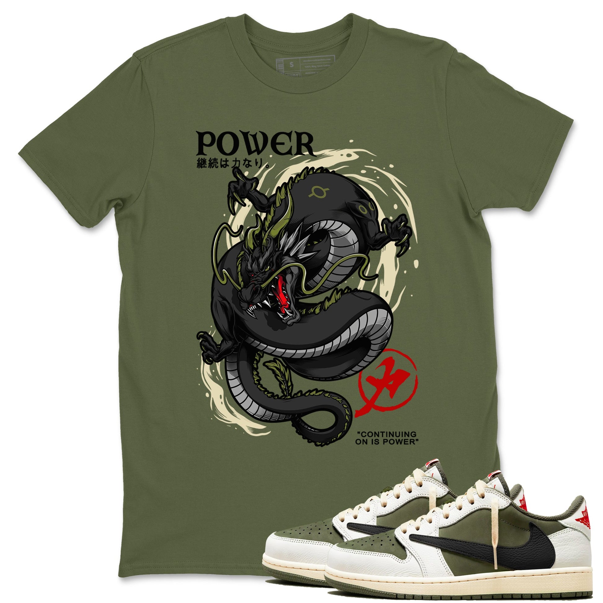 Jordan 1 Olive t shirts to match sneakers Dragon Power sneaker match tees Air Jordan 1 Low x Travis Scott Reverse Olive tee SNRT Sneaker Tees unisex cotton Military Green 1 shirts
