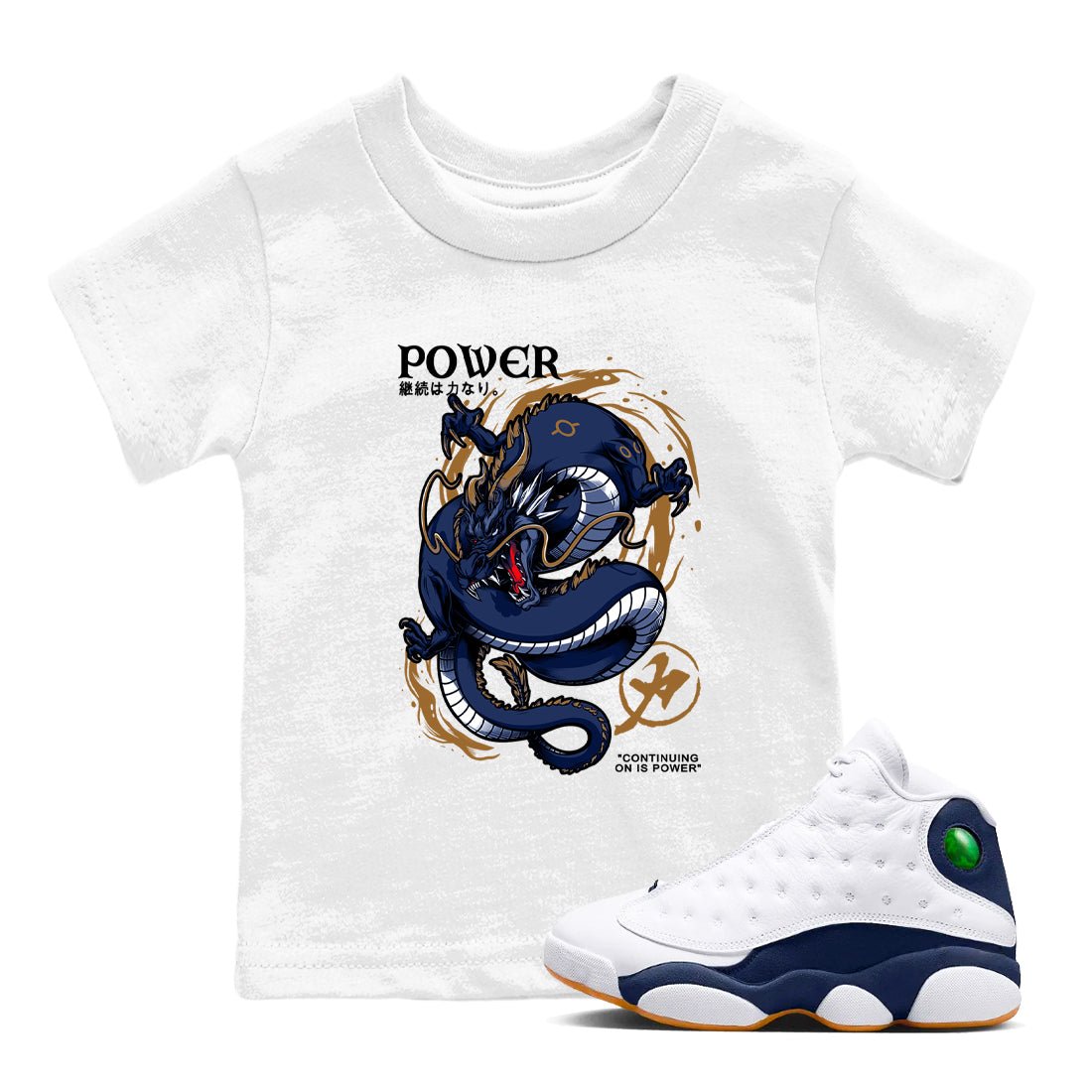 Air Jordan 13 Retro Midnight Navy t shirts to match sneakers Dragon Power sneaker match tees 13s Midnight Navy tee SNRT Sneaker Tees Youth Baby White 1 tee