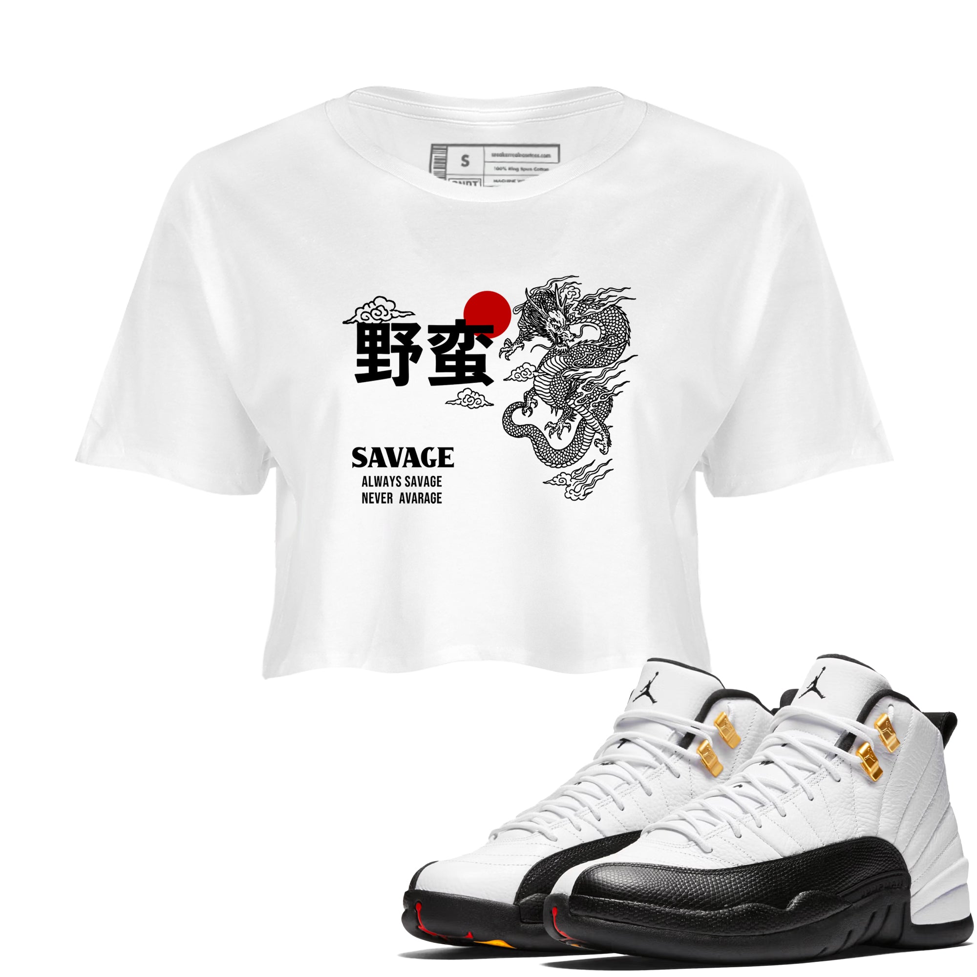Sneaker match tees – Sneaker Tees To Match Air Jordan 12 Taxi Shoes – Dragon Savage Crop T-Shirt White 1