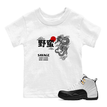 Sneaker match tees – Sneaker Tees To Match Air Jordan 12 Taxi Shoes – Dragon Savage Kids T-Shirt White 1
