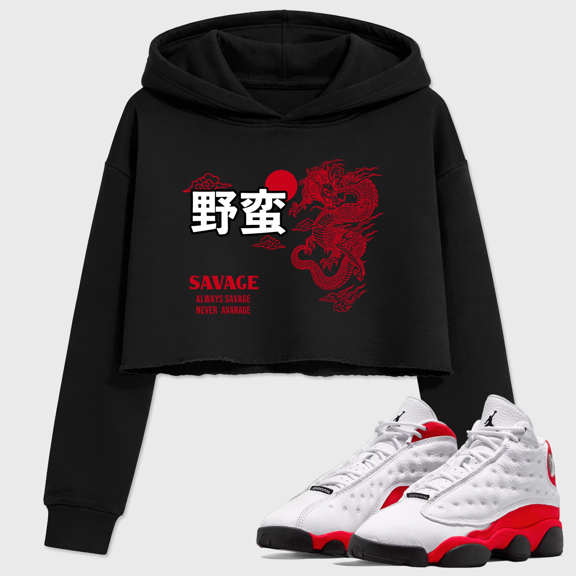 Sneaker match tees – Sneaker Tees To Match Air Jordan 13 University Red Shoes – Dragon Savage Crop T-Shirt Black 1